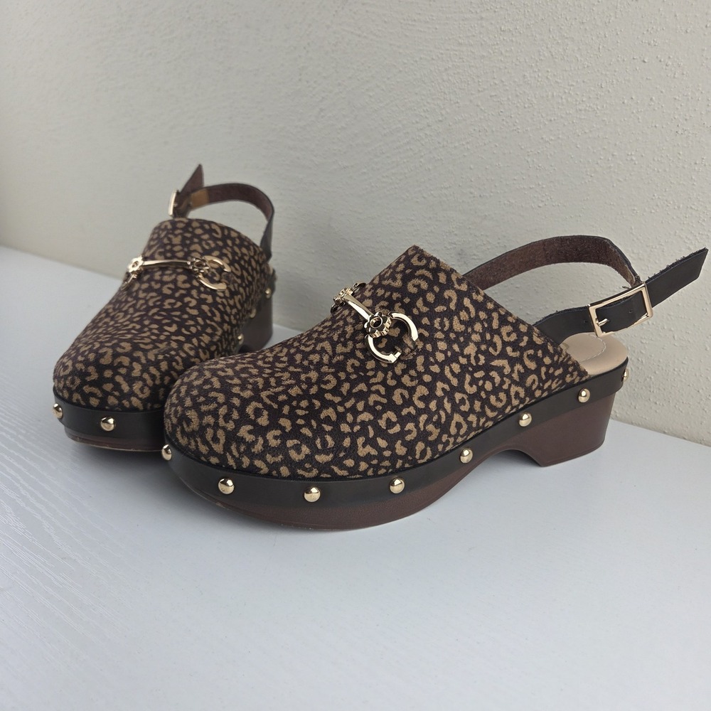 Comfort Brand Leopard Print Charm Studded Buckle Strap Clogs Women's Size 7 M
